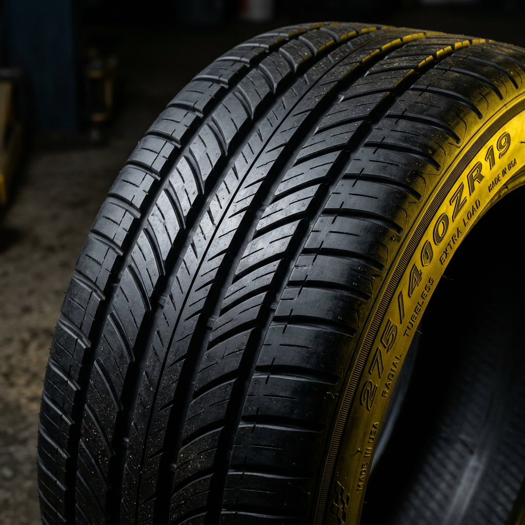 Close-up of a new Hankook-style tyre tread and sidewall